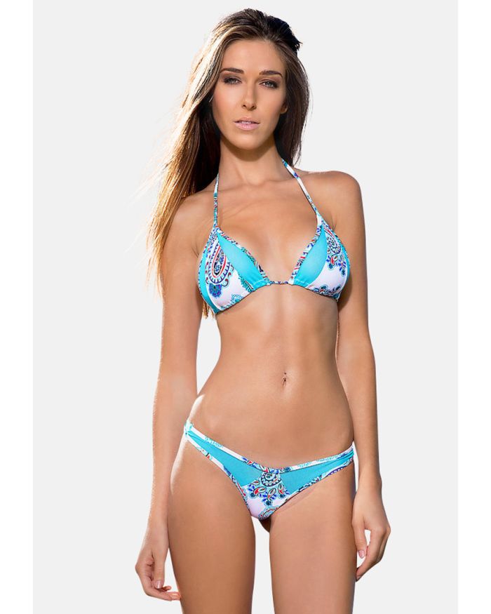 Maillot de bain tanga triangle bikini brésilien bleu blanc Bounty